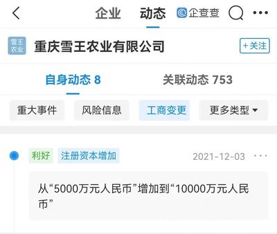 重庆雪王农业公司注册资本增加至1亿元